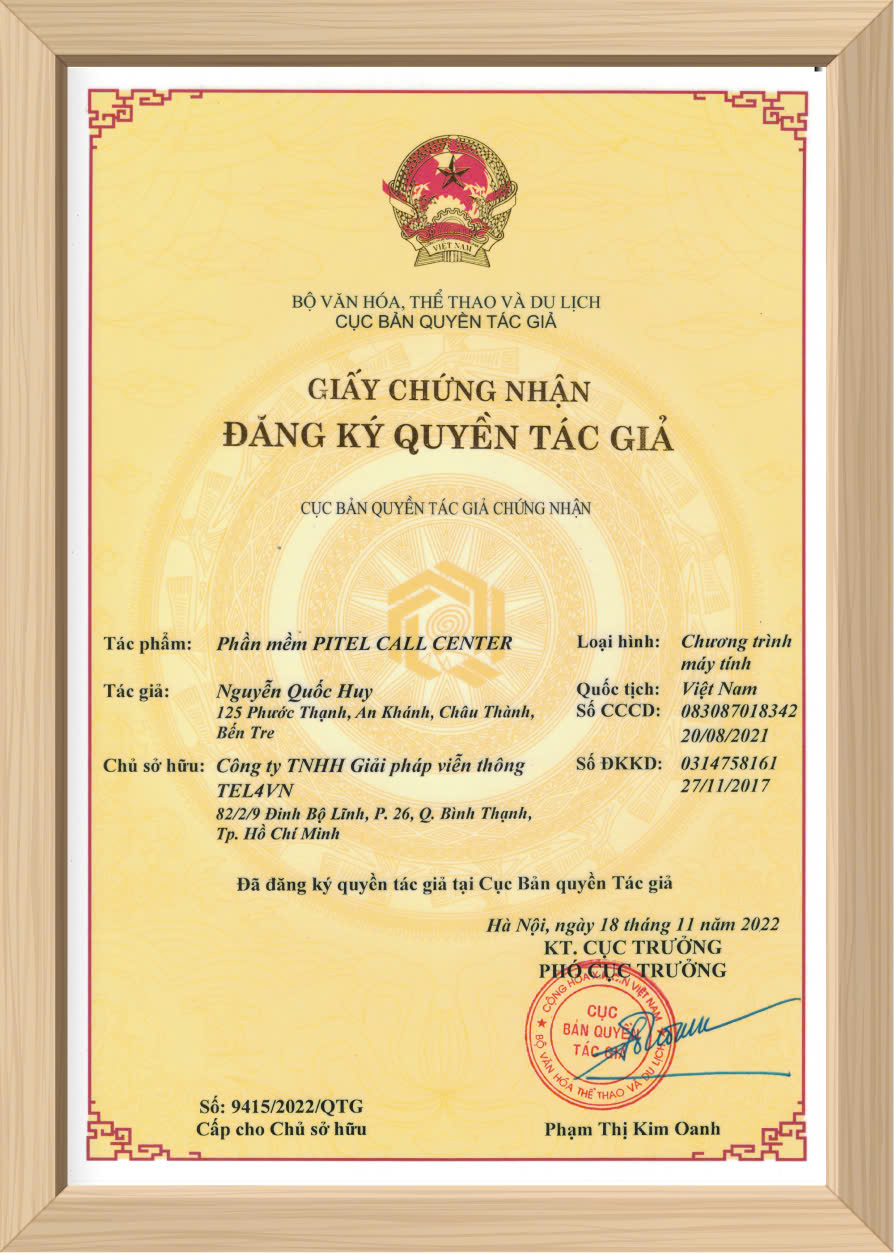 chứng nhận quyền tác giả của pitel