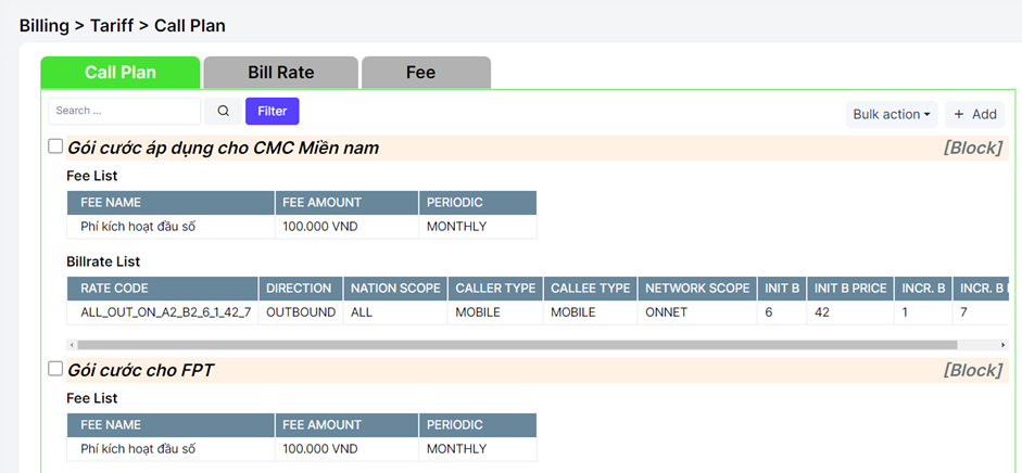 callplan được sử dụng để tạo các gói cước