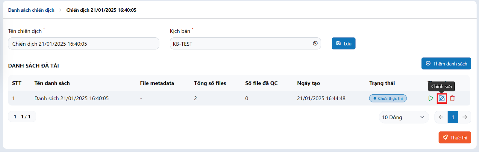 Chỉnh sửa danh sách Chưa thực thi
