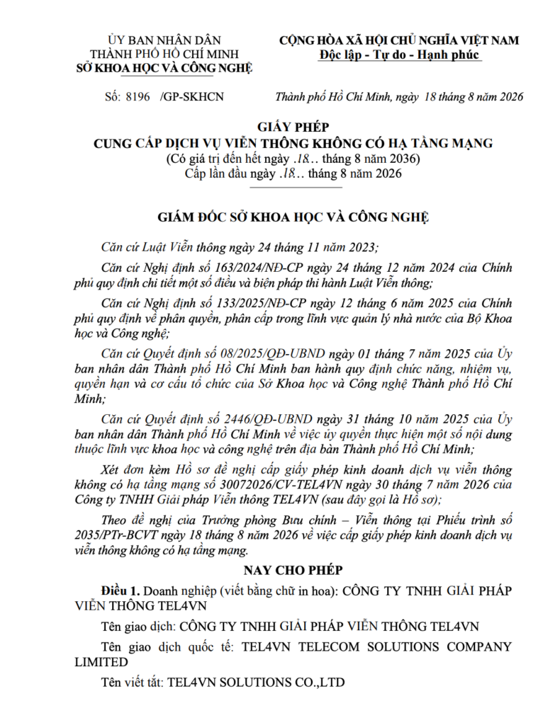 phép cung cấp dịch vụ viễn thông cơ bản (dịch vụ thoại) trên mạng viễn thông công cộng cố định mặt đất